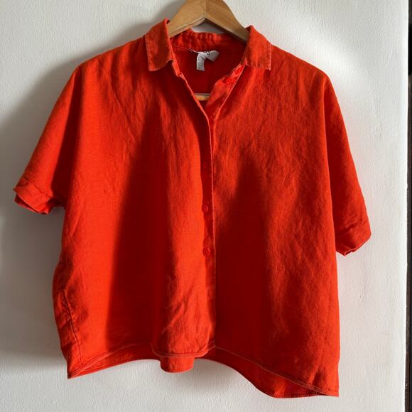 COS Tops - COS | Orange Linen Boxy Cropped Button Down Short Sleeve Shirt | Size 6